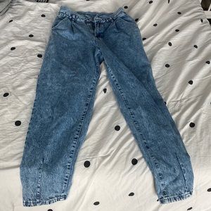 Cute mixed light and dark wash mom jeans, high waisted with cuffed ankles.